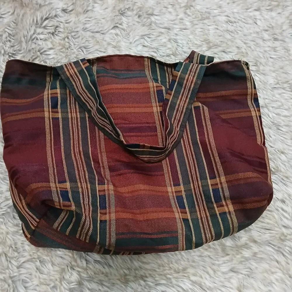 Vintage Tapestry Christmas Santa Tote Bag Holiday Plaid Striped Fabric Hook Loop